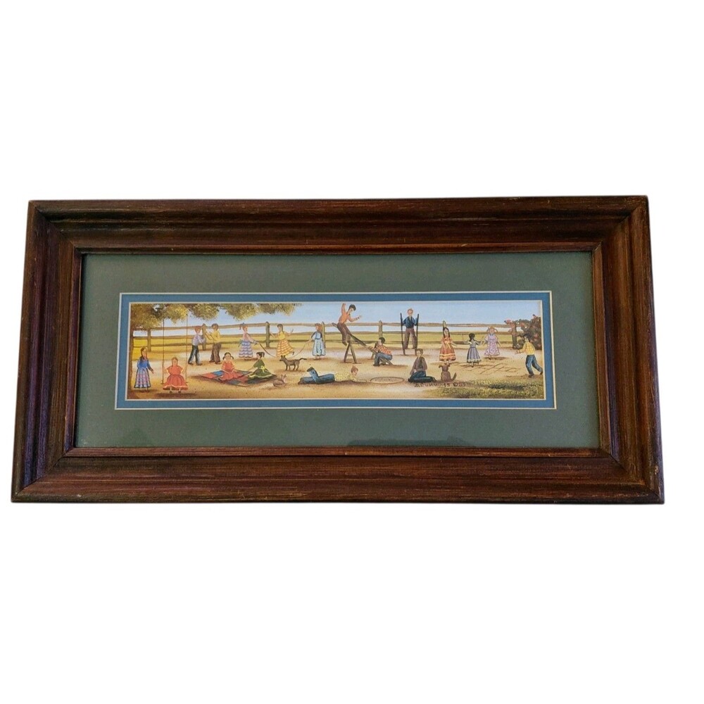 Beth Cummings Folk Art Print Americana Children At Play Framed 1980’s Signed